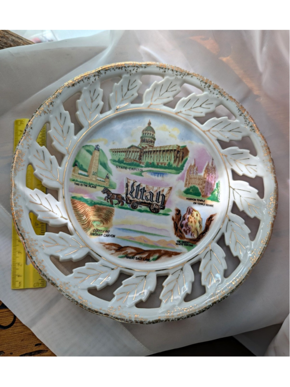 Vintage Utah Souvenir Plate Pierced Leaf Gold Trim Salt Lake City Zion 8"